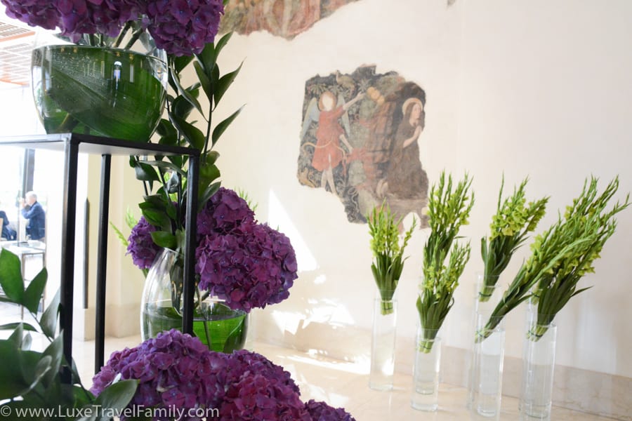 Purple hydrangeas and lime gladiolas in the lobby at Four Seasons Milano