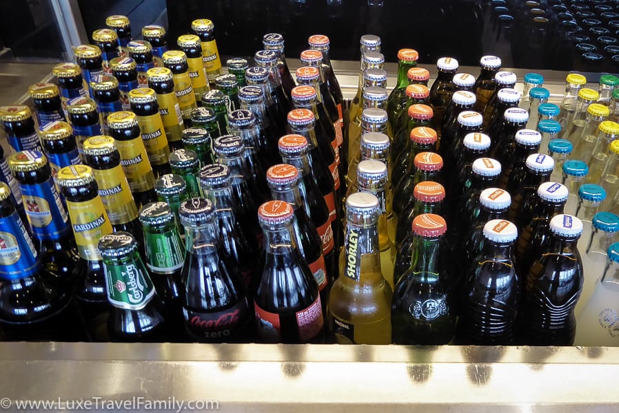 Bottled drinks in a cooler in the Swiss First Class Lounge